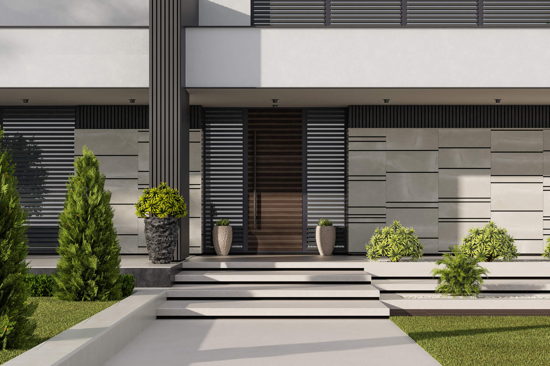 Concrete floating steps to front door in Melbourne